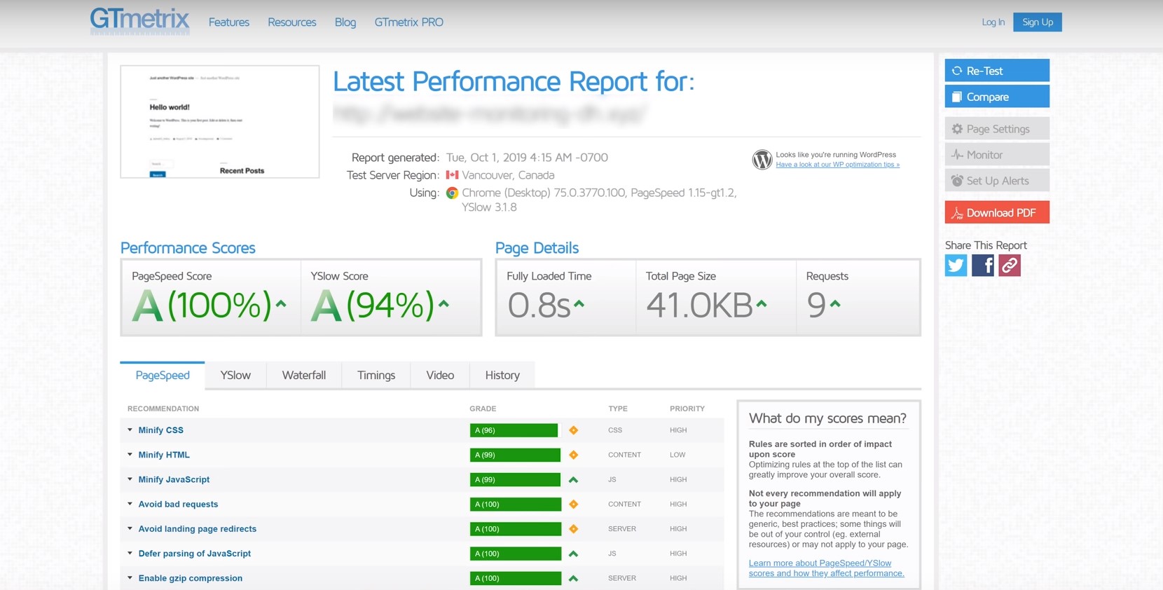 dreamhostd WordPress 主機方案網站在 Gtmetrix 測試結果