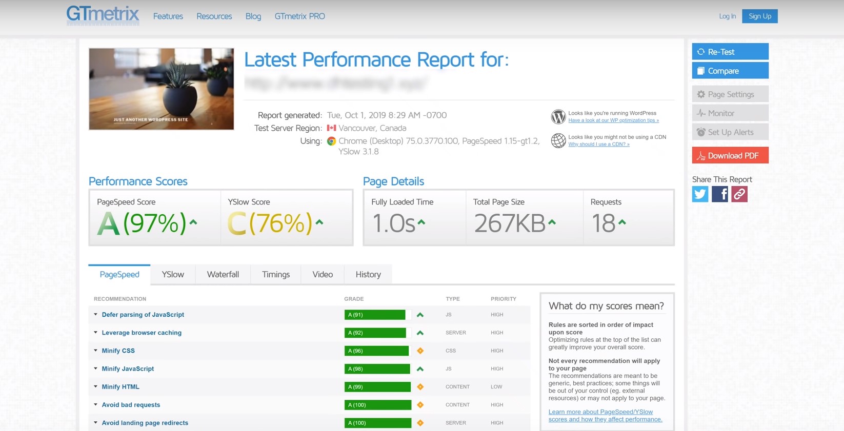 dreamhostd 網站在 Gtmetrix 測試結果